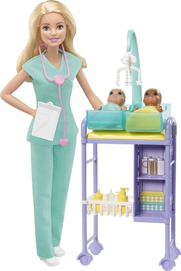 Barbie バービーベビードクターは、ブロンド人形、2つの幼児人形、試験テーブルとアクセサリー、聴診器、チャート、3歳以上のモバイルでプレイセットをプレイ