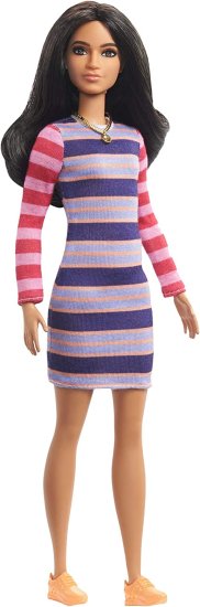 Barbie バービーファッショニスタドール＃147ストライプドレス、オレンジ色の靴とネックレス、3-8歳のおもちゃを着た長いブルネットの髪