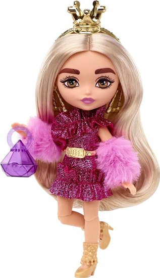 Barbie バービーエクストラミニドール＃8（5.5インチ）シマリードレスと毛皮のような肩をすくめる、ドールスタンドとアクセサリー、3歳の子供向けのおもちゃ付