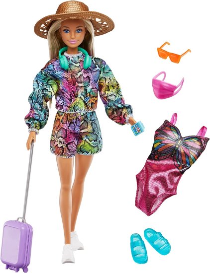 Barbie ファッショニスタトラベルドール（ブルネットで11.5）とスクーター、ペットの子犬、ステッカー＆トラベルアクセサリー、3-7歳のギフトを備えたバービー
