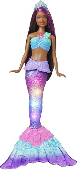Barbie バービードリームトピアのきらめきライトマルメイド人形（12インチ、ブルネット）水質活性化ライトアップ機能とピンクの縞模様の髪、3-7歳の贈り物