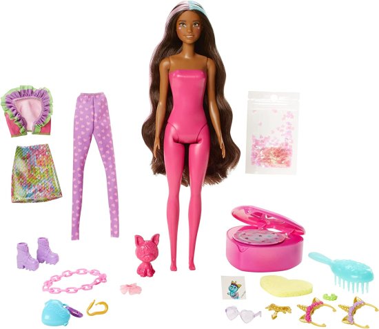 Barbie バービーの色が皮をむき出しのユニコーンファッションを明らかにする人形セットは、ピンクの皮むきやペット、2つのユニコーンにインスパイアされたルッ