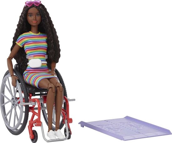 Barbie バービーファッショニスタドール＃166車椅子と圧着したブルネットの髪の毛屋根の縞模様のドレス、白いスニーカー、サングラス、ファニーパック、おもち