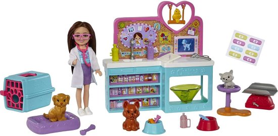 Barbie バービーチェルシーペット獣医プレイセット、ブルネットチェルシードール、4枚の動物の姿、18ペットの獣医アクセサリー、3歳以上の素晴らしい贈り物