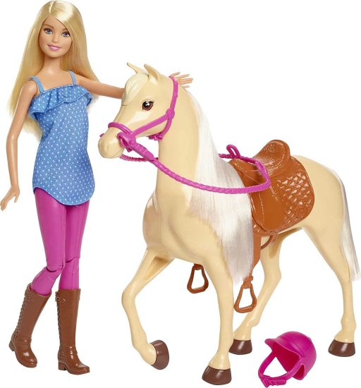 Barbie バービー人形、金髪、ヘルメット付きの乗馬服を着て、柔らかい白いたてがみと尾を備えた明るい茶色の馬、3-7歳の贈り物