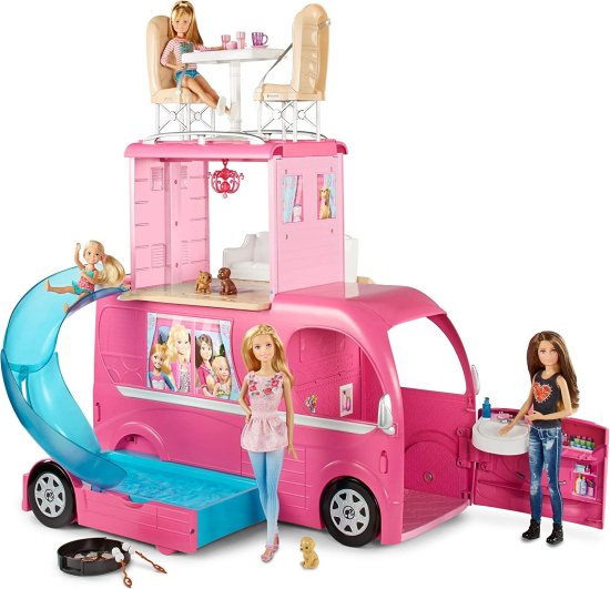 Barbie バービーポップアップキャンピングカーは、スウィミングプールで3階建てのプレイセットに変身します！