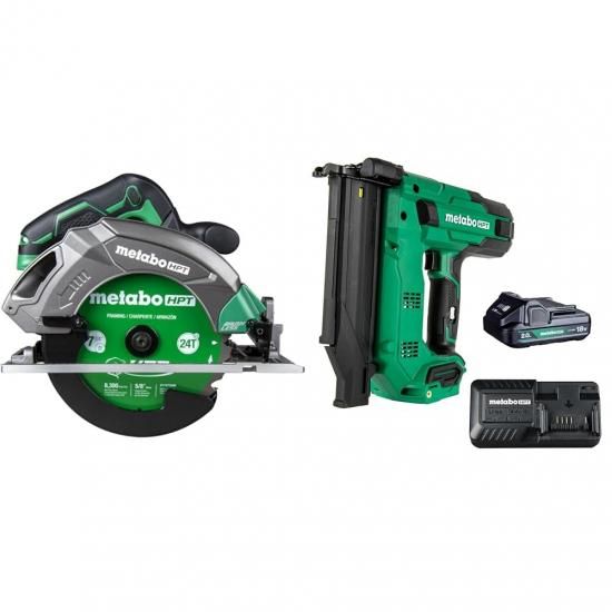 Metabo HPT 18V MultiVolt コードレス丸鋸、C1807DAQ4 + Metabo HPT 18V MultiVolt 18-Ga コンパクトコードレスブラッドネイラーキット、1-18V 2.0 Ah バッ