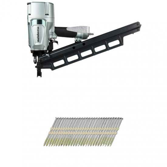 Metabo HPT フレーミングネイラー | 空気圧式 (NR83A5)、Metabo HPT 3インチ スムースブライトベーシックプラスチックストリップネイル付き | 4,000本入り ( 59,460円