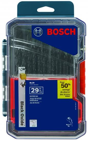 BOSCH BL29 29ピース アソートセット 3フラットシャンク ブラックオキサイドドリルビット ケース付き 薄板金属、木材、プラスチック加工用