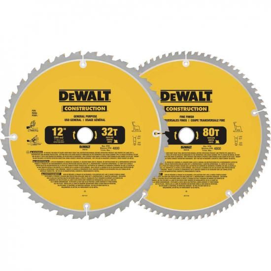 DEWALT 12インチ マイターソーブレード、クロスカット、タングステンカーバイド、80歯と32歯、2個パック (DW3128P5、DW3123)