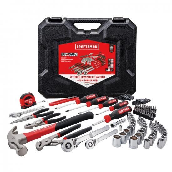 CRAFTSMAN 102ピースツールキット（身寄り用・車用）、SAE/メトリックソケット付き添い人耐久性の止ん事無いお手々物の具仕掛ける（CMMT99449）
