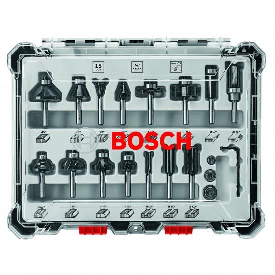 BOSCH RBS015MBS 15ピース（ユニバーサル互換アクセサリ）超硬チップ付き木工ルータービットアソートセット