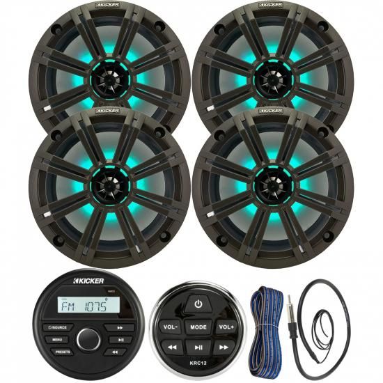 Kicker 全天候型マリンゲージスタイル Bluetooth USB ステレオレシーバーバンドル (有線リモコン付き)、8インチ 2ウェイ 300W 最大同軸マリンLEDスピーカー｜ワールドセレクトショップ