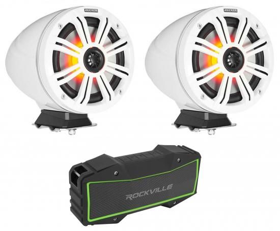 オーディオセービングバンドル：Kicker 46KMFC8 300W 8インチ ホワイト マリンLEDスピーカー（2個）+表面実装ポッド 46KMFC8Wバンドル（1個）Rockville Rock