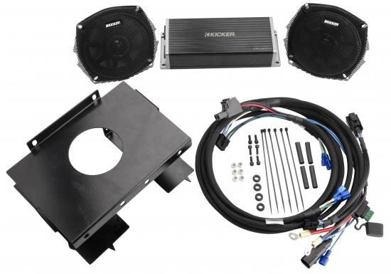 KICKER 50HDS962 リア スピーカー/アンプ アップグレード システム (1996～2013 年 Harley Davidson Tour Packs 用、リア スピーカー ポッド付き)。