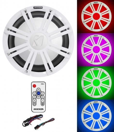オーディオセービングバンドル：キッカー 45KM102 10インチ RMS マリンボートサブウーファーバンドル、キッカー 45KMG10W 10インチ ホワイトグリル（LEDサブ