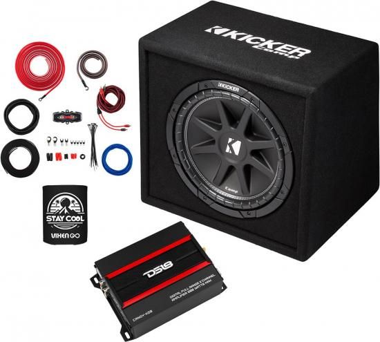 KICKER サブウーファーとアンプの3点セット - 12インチ コンプレッションベント 300ワット シングルサブエンクロージャー、DS18 クラスD 2チャンネルアンプ