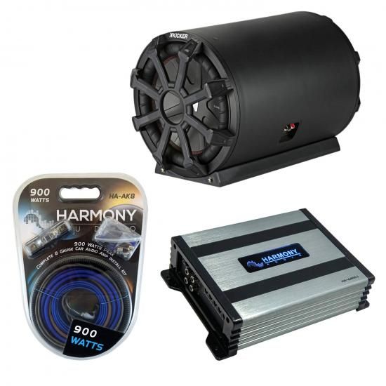 Harmony Audio Kickerバンドルは、ユニバーサルビークル46CWTB102 10インチベースチューブサブボックス、HA-A400.1アンプ、HA-AK8 8Gaアンプ取り付けキット