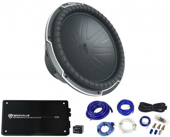 オーディオセービングバンドル：Kicker 51CWQ152 カーオーディオサブウーファーバンドル、Rockville Krypton M4 モノラルカーアンプ、Rockville RWK01 0ゲー