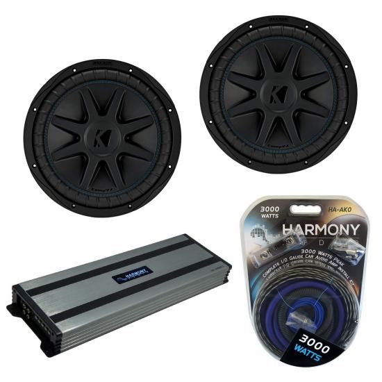 Harmony Audio Kicker (2) CVX12 カーオーディオ CompVX サブウーファー 12インチ サブ 44CVX122 バンドル、Harmony HA-A1500.1 アンプ & アンプキット付き