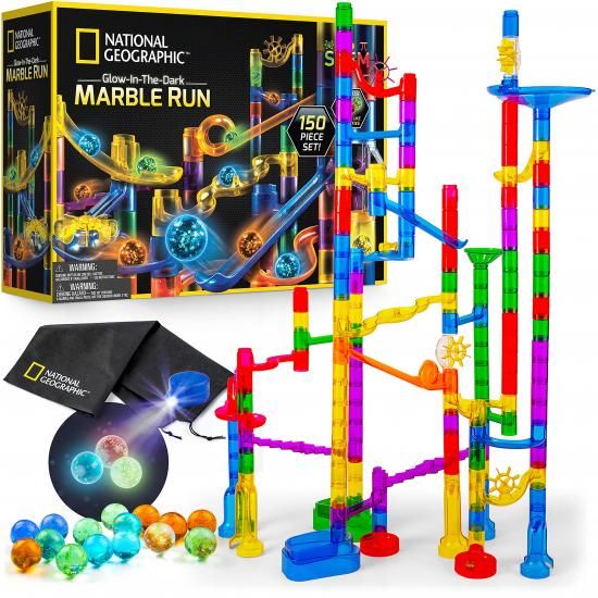 National Geographic ナショナルジオグラフィック 光るマーブルラン ? 150ピース組み立てセット、暗闇で光るガラスビー玉30個と収納バッグ付き、男の子と女