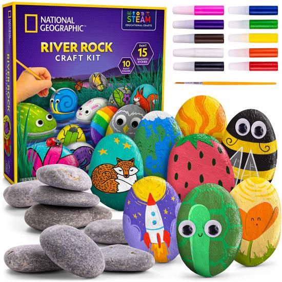 National Geographic ナショナルジオグラフィック ロック ペインティング キット - 子供用アート＆クラフトキット、15個の川の岩をペイント＆デコレーション