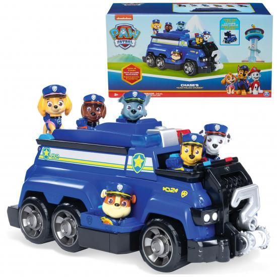 パウ・パトロール チームクルーザー、限定チェイス付き大型車両、マーシャル、スカイ、ラブル、ロッキー、ズーマのアクションフィギュア、3歳以上の男の子と