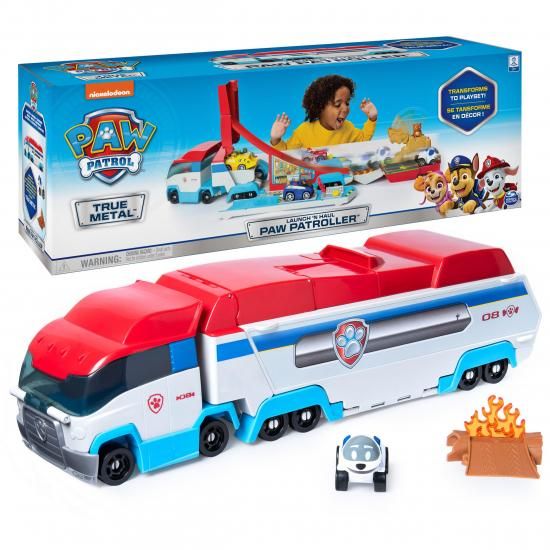 パウ・パトロール、Launch’N Haul PAW Patroller、本物の金属製ダイキャスト車両に変形する2in1トラックセット、3歳以上の男の子と女の子向けの子供用おも