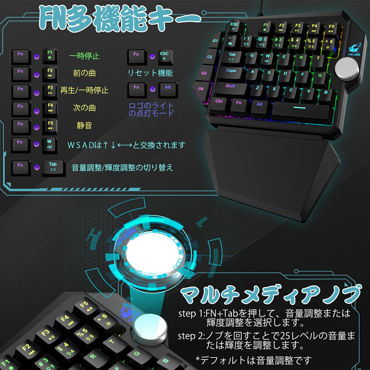片手ゲーミングキーボード メカニカルキ 青軸 マルチメディアノブ