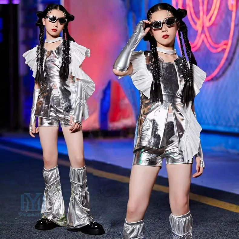 ジャズ セットアップ k-pop衣装 ダンス衣装 チア 子供ダンス ヒップホップ シルバー キッズ ノースリーブ jazz ガールズ 女の子
