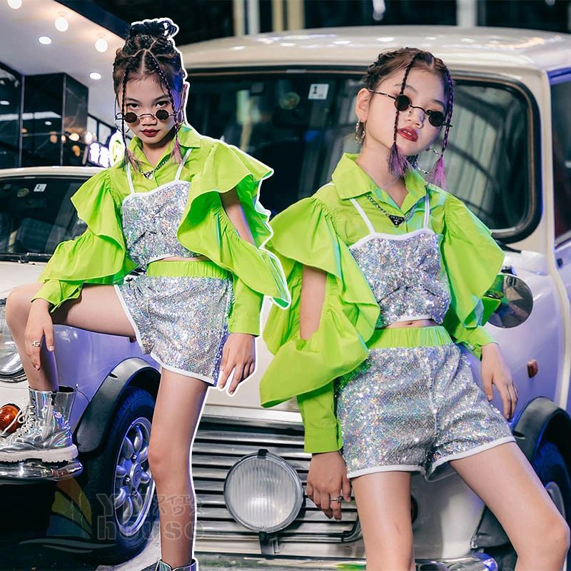 ヒップホップ衣装 衣装 スパンコール 舞台服 セットアップ ダンス 衣装 女の子 子ども服 キッズ 演出服 キラキラ ステージ衣装