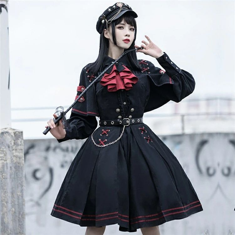 セット イベント Lolita ブラウス かっこいい コスプレ 仮装 衣装 ゴシック スカート 学園祭 ステージ衣装 ロリータ ロリィタ 黒ロリ 長袖 コスチューム ワンピース 軍服 制服 軍ロリ 春秋冬 ゴスロリセットアップ