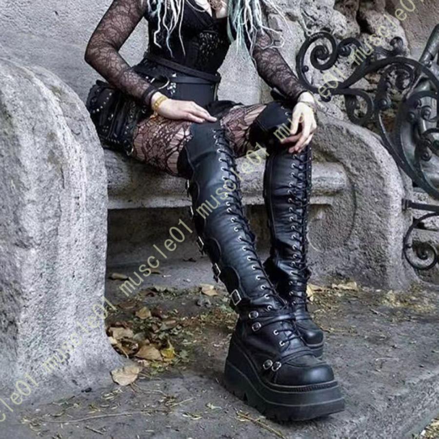 楽天市場】厚底 編み上げ ロングブーツ チャック ニーハイブーツ