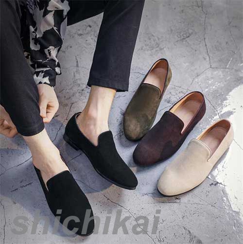 メンズ 置き目毛革 ドライビングシューズ シューズ 甲板シューズ 革靴 THOM WILLS スエードクロス調 モカシン