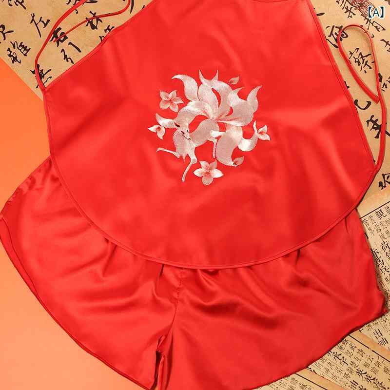 パジャマ レディース 刺繍 キャミソール ショーツ セット 薄手 通気性 ポリエステル オールシーズン セクシー 部屋着 カジュアル 赤 ピンク 白