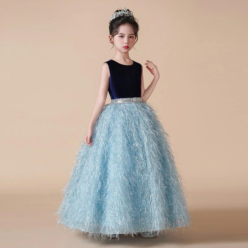 子どもドレス ベルベット ピアノ発表会ドレス 女児ドレス ロングドレス キッズドレス ブルー ノースリーブ 可愛い 演奏会ドレス 女の子ドレス ピンク 子供ドレス 100~160cm 水色 ベロア ピアノ発表会