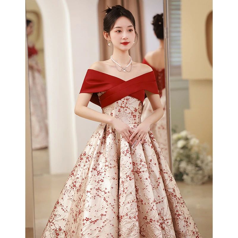 パーティードレス 結婚式ドレス XS S オシャレ L ミディアム丈 結婚式 ワイン赤 花柄 二次会ドレス ミモレ丈ドレス 可愛い ゲストドレス オフショルダー サテン 二次会 M XXXL XXL XL Aライン ロングドレス
