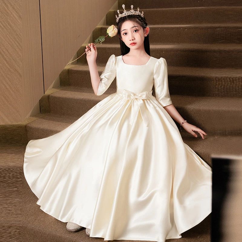 女児ドレス 100~160cm ロング 子どもドレス ピアノ発表会ドレス ロングドレス キッズドレス シャンパン色 演奏会ドレス 可愛い リボン ピアノ発表会 フォーマル 女の子 サテン ドレス 子供ドレス