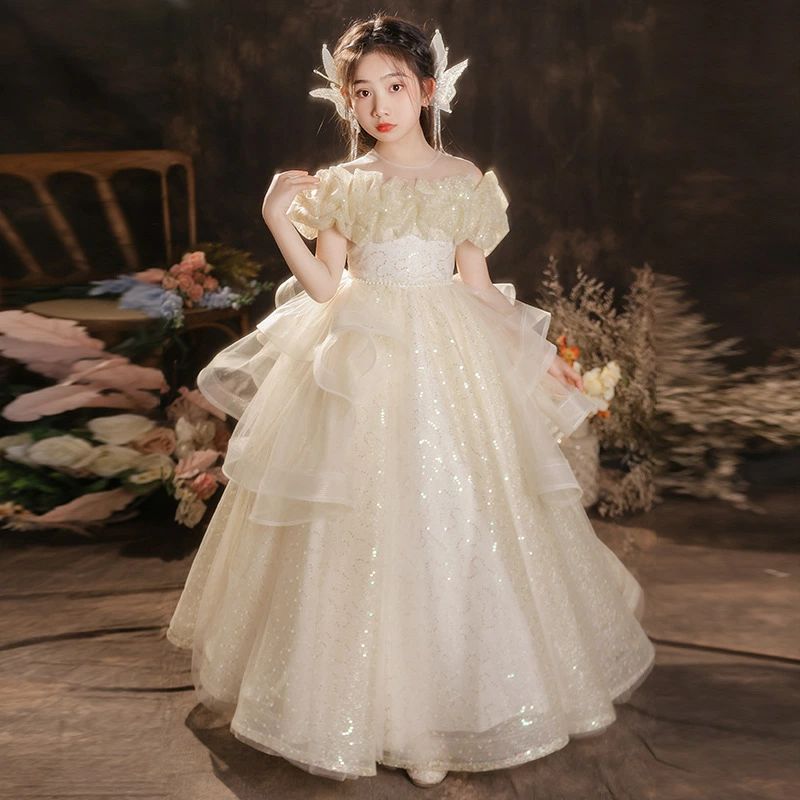 ピアノ発表会 オフショルダー 女児ドレス キレイめ 100~160cm オシャレ フォーマル スパンコール 演奏会 シャンパン色 肩出し 子供ドレス 女の子 ピアノ発表会ドレス 演奏会ドレス キラキラドレス ロングドレス キッズドレス