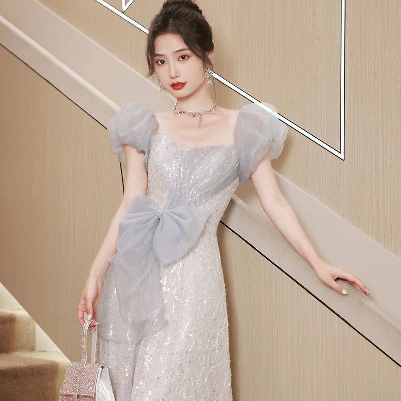 送料無料 イブニングドレス ロングドレス ブルー キラキラドレス スパンコール 発表会ドレス リボン 可愛い 結婚式ドレス 二次会ドレス パーティードレス パフスリーブ Aライン ドレス S M L XL XXL