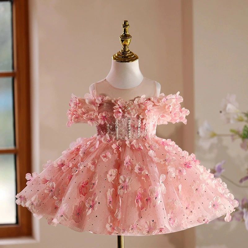 送料無料 子供ドレス ショート丈 オフショルダー ピンク 花柄 可愛い 女児ドレス 七五三ドレス 結婚式 パーティー 女の子ドレス パール ビーズ ピアノ発表会ドレス 演奏会ドレス 子どもドレス キッズドレス 80~150cm