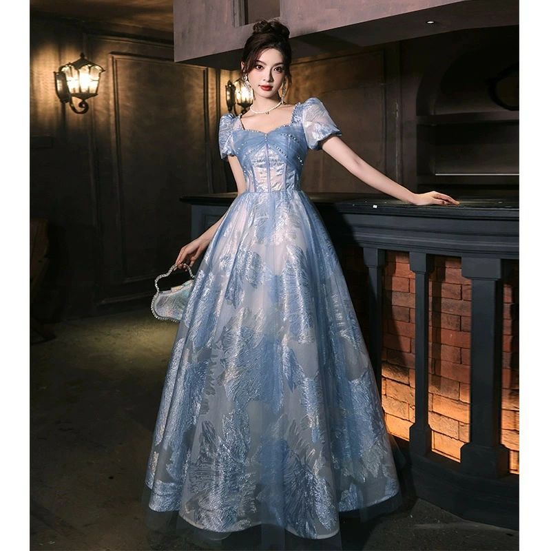送料無料 イブニングドレス ロングドレス ブルー パール パフスリーブ 可愛い 結婚式ドレス 二次会ドレス オシャレ 発表会ドレス ロング パーティードレス Aライン 表面微光沢 高級感 XS S M L XL XXL