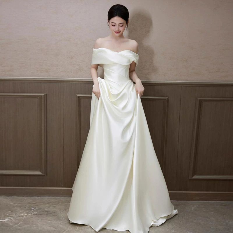 送料無料 ウェディングドレス 二次会ドレス オフショルダー 白 サテン ドレス ロングドレス 結婚式ドレス 二次会 ホワイトドレス Aライン 無地 ウェディング ドレス 海外挙式 撮影 XS S M L XL XXL