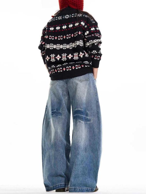 デニムパンツ メンズ レディース レトロ ルーズ ワイドレッグ ストレート ミッドライズ ウォッシュド ヴィンテージ風加工 デニム素材 ポリエステル混 普段使い オールシーズン ブルー カジュアルスタイル