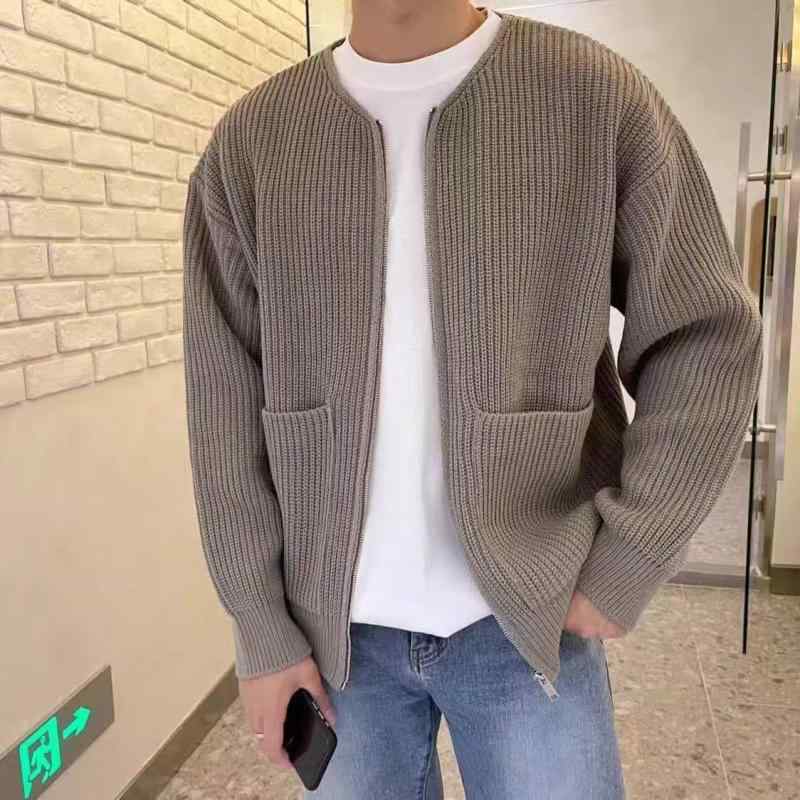 メンズ ニット カーディガン 秋冬 セーター 純色 ルーズ フィット カジュアル 長袖 クルーネック ポリエステル 合成繊維 普段使い リブ仕上げ ミドルウェイト 黒 グレー ネイビー