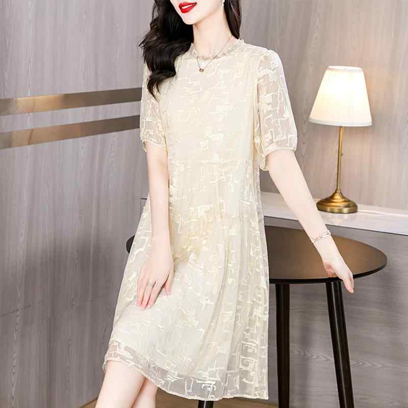 婦人服 ワンピース ドレス 上品 おしゃれ レディース ファッション 夏 レングス 体型カバー ラウンドネック 膝丈 スカート