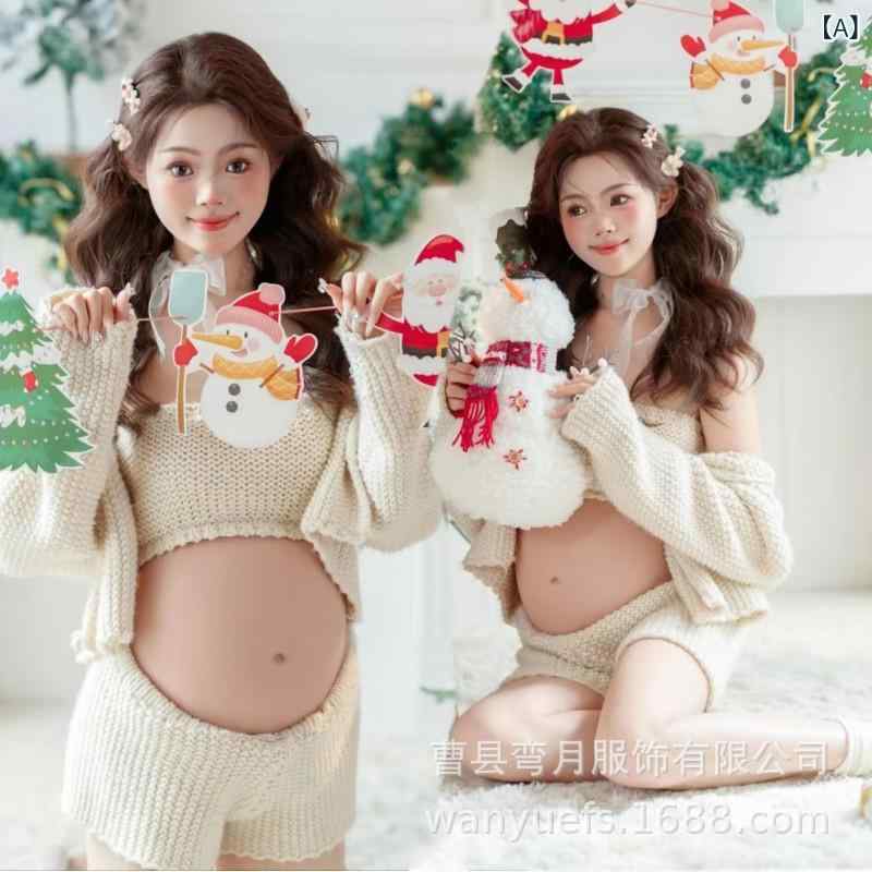 マタニティ 妊婦 冬 クリスマス エレガント ニット セーター ジャケット チューブトップ ショートパンツ 長袖 ポリエステル レトロ ロマンチック 芸術的 スタイル セット