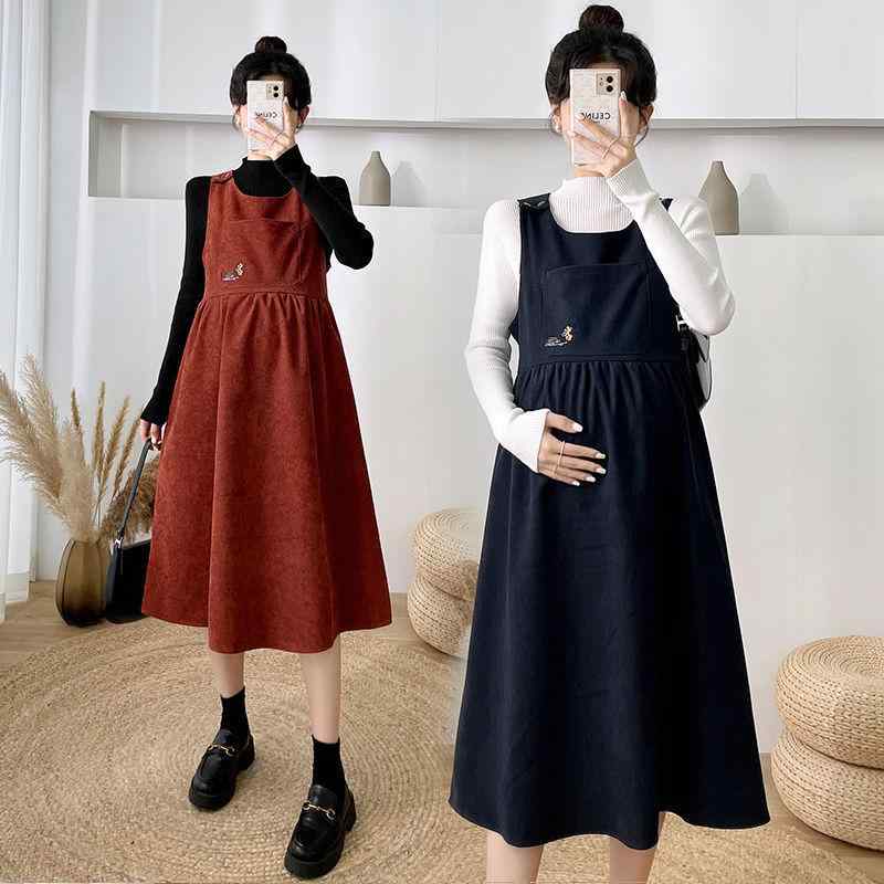 マタニティ セット ファッション ニット トップス ゆったり 長袖 花弁袖 サスペンダー ドレス 中長丈 無地 コットン 混紡 赤 紺 黒 春秋 カジュアル 普段使い ストリート スタイル