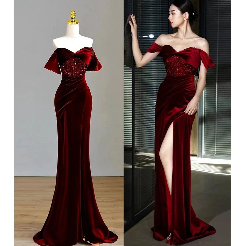 XXL XL 天鵝絨 オシャレ 色っぽい スパンコール 細長い切口 ロングお召しもの 彼者誰時お召しもの ブドウ酒赤いこと 婚礼の儀お召しもの 寄り合いお召しもの 人魚伝達ルート 人魚お召しもの オフショルダー キレイめ L S ブドウ酒赤 天鵞絨 二次会お召しもの M ドレス-レディースファッション