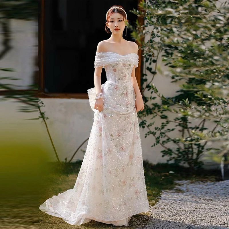 二次会 XS ロングドレス ドレス 海外挙式 二次会ドレス トレーンドレス 二次会 結婚式ドレス 白 M ホワイト XXL XXXL 花柄 プリント花柄 スパンコール ウェディングドレス L キレイめ オシャレ ウェディング 撮影 オフショルダー S XL オシャレ｜WORLD TEACH